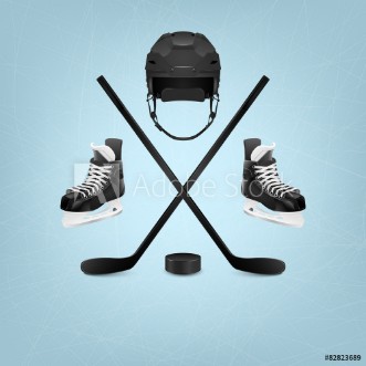 Afbeeldingen van Ice hockey helmet puck sticks and skates